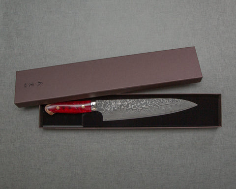 Yoshimi Kato R2/SG2 Black Damascus 210mm Gyuto with Stabilized Wood / Polished Ruby Acrylic Handle