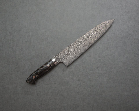 Yoshimi Kato R2/SG2 Black Damascus 210mm Gyuto with Polished Emperador Umber Acrylic Handle