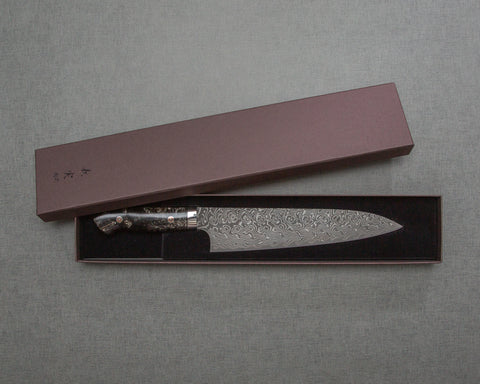 Yoshimi Kato R2/SG2 Black Damascus 210mm Gyuto with Polished Emperador Umber Acrylic Handle