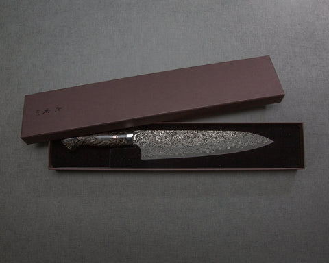 Yoshimi Kato R2/SG2 Black Damascus 210mm Gyuto with Polished Pearl Black Emperador Acrylic Handle