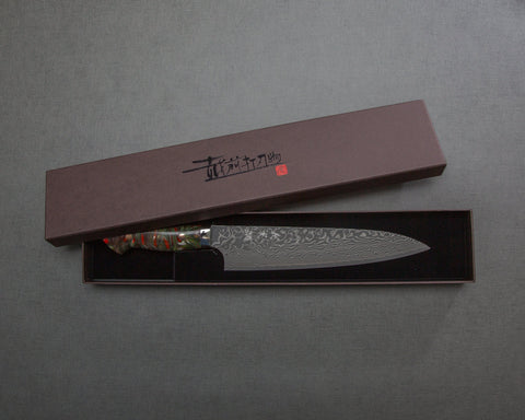 Yoshimi Kato R2/SG2 Black Damascus 210mm Gyuto with Polished Rouge Malachite Acrylic Handle