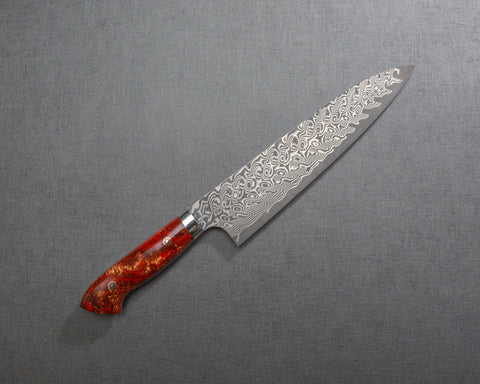 Yoshimi Kato R2/SG2 Black Damascus 210mm Gyuto with Polished Red Lava Acrylic Handle
