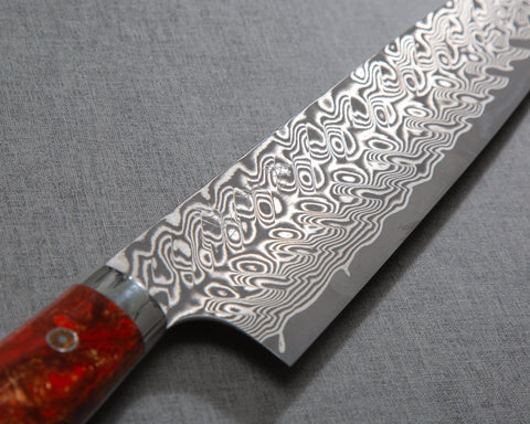 Yoshimi Kato R2/SG2 Black Damascus 210mm Gyuto with Polished Red Lava Acrylic Handle