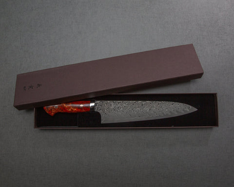 Yoshimi Kato R2/SG2 Black Damascus 210mm Gyuto with Polished Red Lava Acrylic Handle