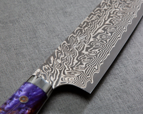 Yoshimi Kato R2/SG2 Black Damascus 210mm Kiritsuke Gyuto with Polished Galaxy Acrylic Handle