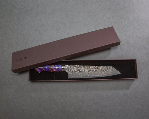 Yoshimi Kato R2/SG2 Black Damascus 210mm Kiritsuke Gyuto with Polished Galaxy Acrylic Handle