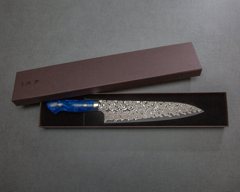 Yoshimi Kato R2/SG2 Black Damascus 210mm Gyuto with Polished Ocean Blue Acrylic Handle