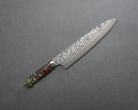 Yoshimi Kato R2/SG2 Black Damascus 210mm Gyuto with Polished Maroon Malachite Acrylic Handle