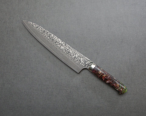 Yoshimi Kato R2/SG2 Black Damascus 210mm Gyuto with Polished Maroon Malachite Acrylic Handle