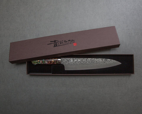 Yoshimi Kato R2/SG2 Black Damascus 210mm Gyuto with Polished Maroon Malachite Acrylic Handle