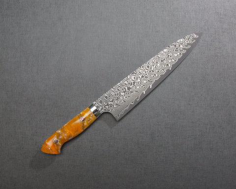 Yoshimi Kato R2/SG2 Black Damascus 210mm Gyuto with Polished Onyx Amber Acrylic Handle