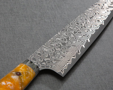 Yoshimi Kato R2/SG2 Black Damascus 210mm Gyuto with Polished Onyx Amber Acrylic Handle
