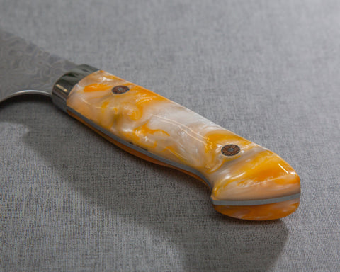 Yoshimi Kato R2/SG2 Black Damascus 210mm Gyuto with Polished Onyx Amber Acrylic Handle