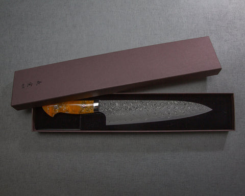Yoshimi Kato R2/SG2 Black Damascus 210mm Gyuto with Polished Onyx Amber Acrylic Handle