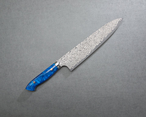 Yoshimi Kato R2/SG2 Black Damascus 240mm Gyuto with Polished Ocean Blue Acrylic Handle