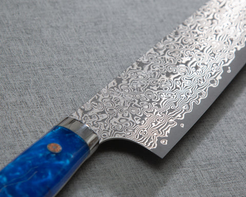 Yoshimi Kato R2/SG2 Black Damascus 240mm Gyuto with Polished Ocean Blue Acrylic Handle