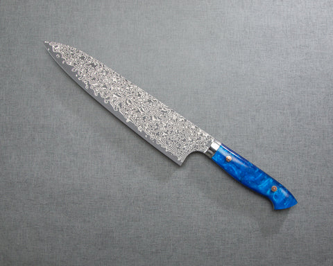 Yoshimi Kato R2/SG2 Black Damascus 240mm Gyuto with Polished Ocean Blue Acrylic Handle