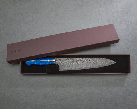 Yoshimi Kato R2/SG2 Black Damascus 240mm Gyuto with Polished Ocean Blue Acrylic Handle