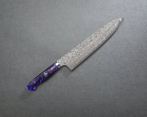 Yoshimi Kato R2/SG2 Black Damascus 240mm Gyuto with Polished Purple Marble Acrylic Handle