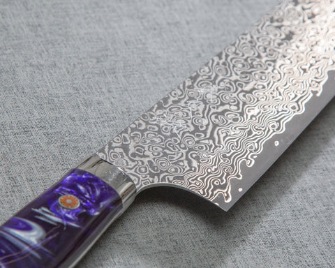 Yoshimi Kato R2/SG2 Black Damascus 240mm Gyuto with Polished Purple Marble Acrylic Handle