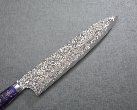 Yoshimi Kato R2/SG2 Black Damascus 240mm Gyuto with Polished Purple Marble Acrylic Handle