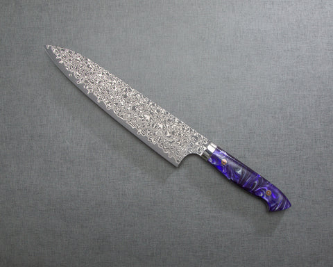 Yoshimi Kato R2/SG2 Black Damascus 240mm Gyuto with Polished Purple Marble Acrylic Handle