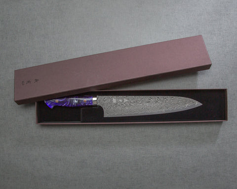Yoshimi Kato R2/SG2 Black Damascus 240mm Gyuto with Polished Purple Marble Acrylic Handle