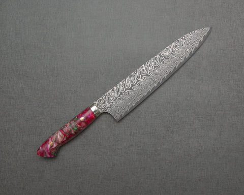 Yoshimi Kato R2/SG2 Black Damascus 240mm Gyuto with Polished Magenta Onyx Acrylic Handle