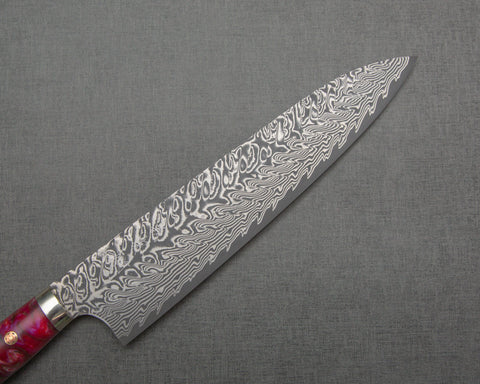 Yoshimi Kato R2/SG2 Black Damascus 240mm Gyuto with Polished Magenta Onyx Acrylic Handle