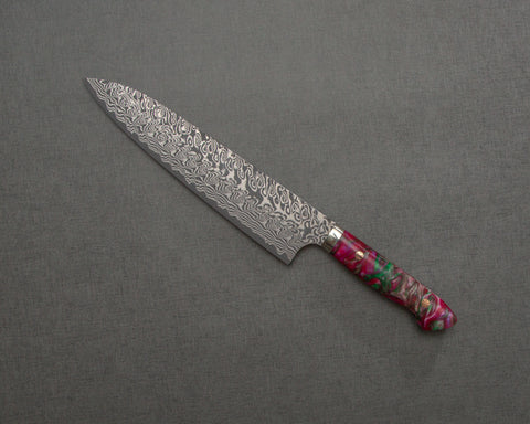 Yoshimi Kato R2/SG2 Black Damascus 240mm Gyuto with Polished Magenta Onyx Acrylic Handle