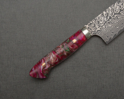 Yoshimi Kato R2/SG2 Black Damascus 240mm Gyuto with Polished Magenta Onyx Acrylic Handle