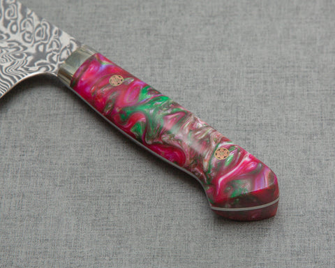 Yoshimi Kato R2/SG2 Black Damascus 240mm Gyuto with Polished Magenta Onyx Acrylic Handle