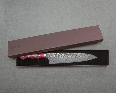 Yoshimi Kato R2/SG2 Black Damascus 240mm Gyuto with Polished Magenta Onyx Acrylic Handle