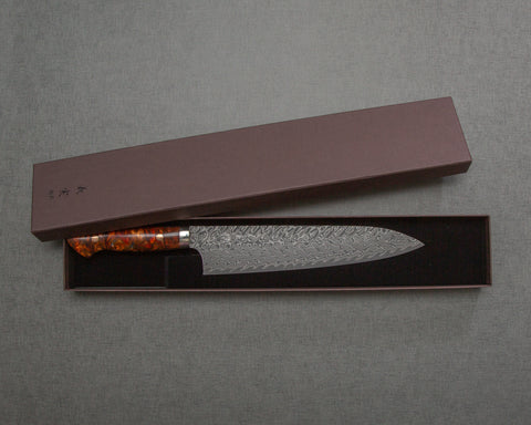 Yoshimi Kato R2/SG2 Black Damascus 240mm Gyuto with Polished Carnelian Agate Acrylic Handle