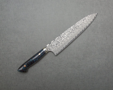 Yoshimi Kato R2/SG2 Black Damascus 240mm Gyuto with Polished Indigo Acrylic Handle