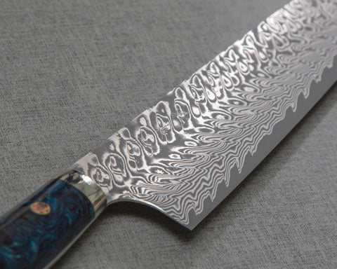 Yoshimi Kato R2/SG2 Black Damascus 240mm Gyuto with Polished Indigo Acrylic Handle
