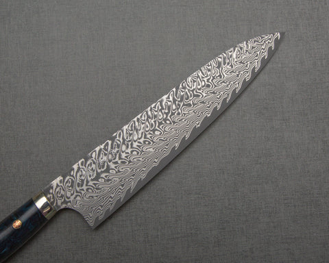 Yoshimi Kato R2/SG2 Black Damascus 240mm Gyuto with Polished Indigo Acrylic Handle