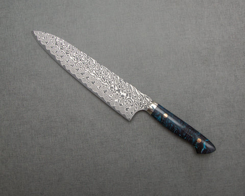 Yoshimi Kato R2/SG2 Black Damascus 240mm Gyuto with Polished Indigo Acrylic Handle