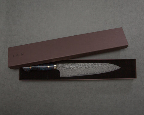 Yoshimi Kato R2/SG2 Black Damascus 240mm Gyuto with Polished Indigo Acrylic Handle