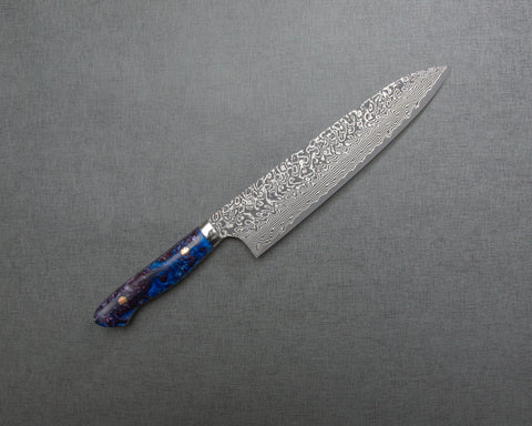 Yoshimi Kato R2/SG2 Black Damascus 240mm Gyuto with Polished Indigo Acrylic Handle