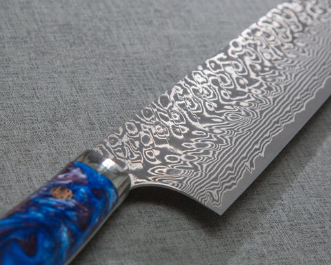Yoshimi Kato R2/SG2 Black Damascus 240mm Gyuto with Polished Indigo Acrylic Handle