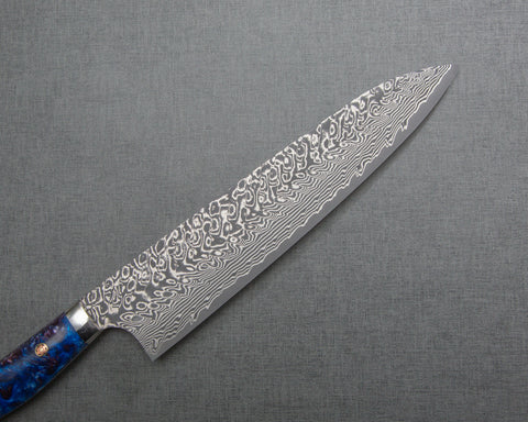 Yoshimi Kato R2/SG2 Black Damascus 240mm Gyuto with Polished Indigo Acrylic Handle