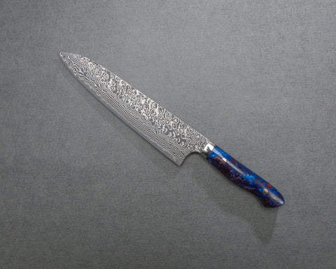 Yoshimi Kato R2/SG2 Black Damascus 240mm Gyuto with Polished Indigo Acrylic Handle