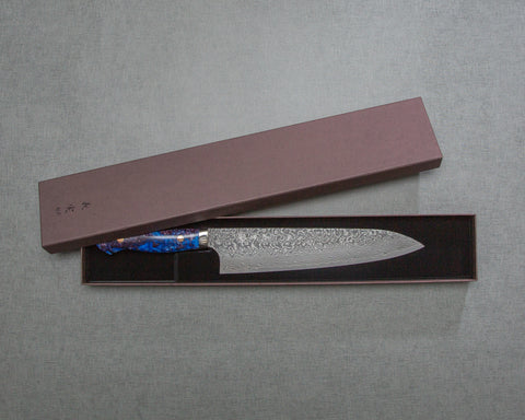 Yoshimi Kato R2/SG2 Black Damascus 240mm Gyuto with Polished Indigo Acrylic Handle