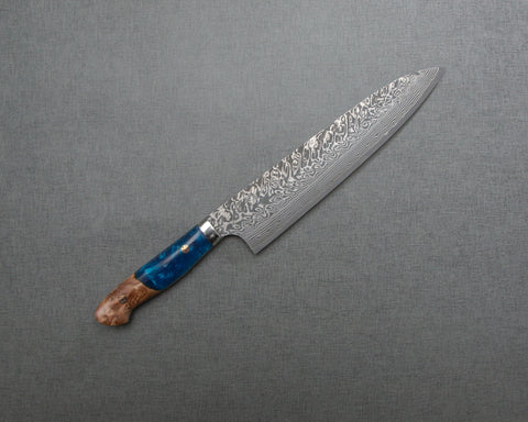 Yoshimi Kato R2/SG2 Black Damascus 240mm Gyuto with Stabilized Wood / Polished Ocean Blue Acrylic Handle