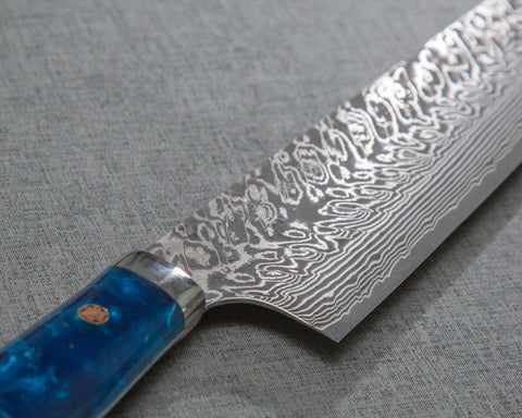 Yoshimi Kato R2/SG2 Black Damascus 240mm Gyuto with Stabilized Wood / Polished Ocean Blue Acrylic Handle