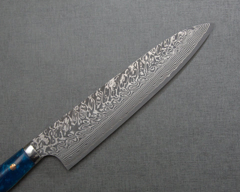 Yoshimi Kato R2/SG2 Black Damascus 240mm Gyuto with Stabilized Wood / Polished Ocean Blue Acrylic Handle