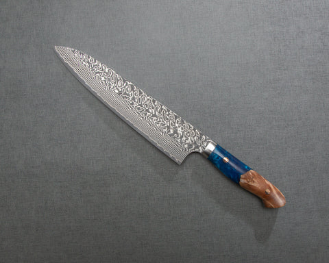 Yoshimi Kato R2/SG2 Black Damascus 240mm Gyuto with Stabilized Wood / Polished Ocean Blue Acrylic Handle