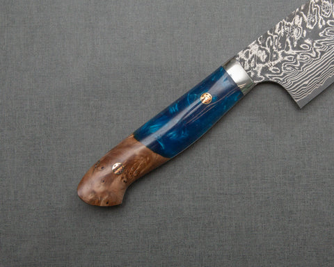 Yoshimi Kato R2/SG2 Black Damascus 240mm Gyuto with Stabilized Wood / Polished Ocean Blue Acrylic Handle