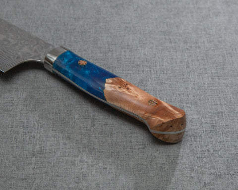 Yoshimi Kato R2/SG2 Black Damascus 240mm Gyuto with Stabilized Wood / Polished Ocean Blue Acrylic Handle